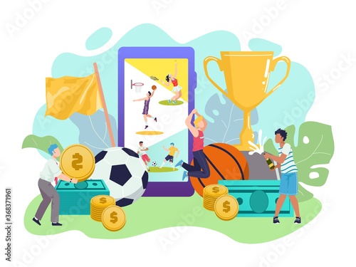 Sports betting, soccers, live game broadcast on smartphone app and tiny people celebrating money win after making bets online at bookmakers website. Betting sport like football match online.