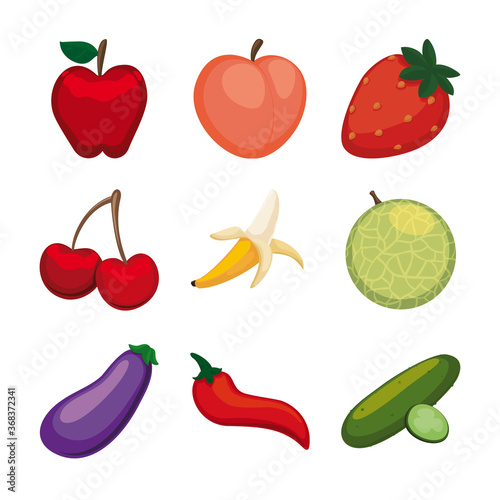 Set of Emojis with Sexy Fruits and Vegetables, Vector Illustration