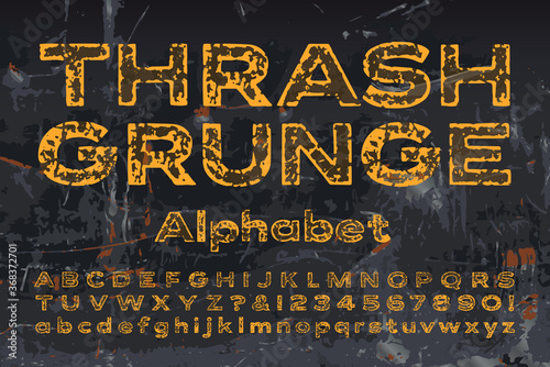 Thrash Grunge Industrial Alphabet; Heavily Scratched and Worn Paint Effects on Extended Sans Serif Lettering.