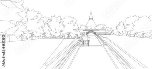 3D illustration of wheelchair ramp to religious place in wireframe - vector perspective