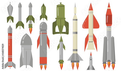 Various ballistic missiles flat icon set. Dangerous explosive military rocket for air strike isolated vector illustration collection. Army weapons, war and atomic bomb concept
