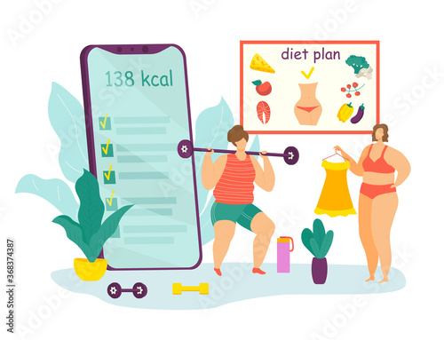 Diet and sport for overweight concept, fat female and healthy dietary food with diet program from dietitian on smartphone isolated vector illustration. Fitness sport for obese person, weight losing.
