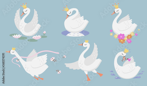 Cute princess swan flat icon set. Cartoon beautiful swan or goose in gold crown and floral graphic isolated vector illustration collection. Bird, fantasy and fairytale creature concept