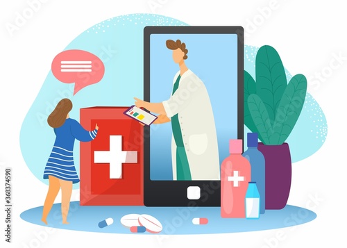 Doctor online, medical consultation in internet, patients health care technology flat vector illustration. Medicine online mobile concept, diagnosis and medics healthcare, doctor online treatment .