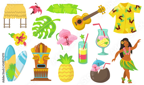 Various Hawaii symbols flat icon set. Hawaiian totem, tribal mask, guitar, girl and bungalow isolated vector illustration collection. Culture and travel concept