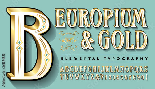 An Ornate and Retro Styled Alphabet; This Luxurious Font Has an Old World Antique or Victorian Feel with Gold Edges and Filigree Designs.
