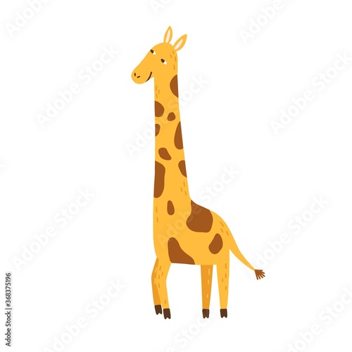 Childish cub zoo animal portrait. Cute, funny, African giraffe. Scandinavian character for nursery. Design element for t shirt print. Flat vector cartoon illustration isolated on white background