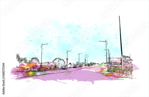 Building view with landmark of Aktobe is a city on the Ilek River in Kazakhstan. Watercolor splash with  hand drawn sketch illustration in vector. photo