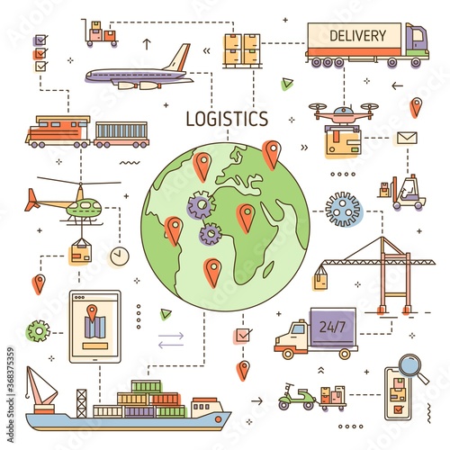 Logistics concept with freight vehicles, transport deliver trade goods. Cargo transportation, international delivery, worldwide, global shipping. Colored vector illustration in modern line art style