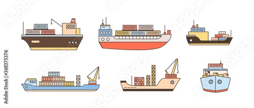 Set of modern cargo ship icons with loading crane, containers. Commercial trade goods shipment, shipping logistics, transportation, delivery. Line art vector illustration isolated on white background