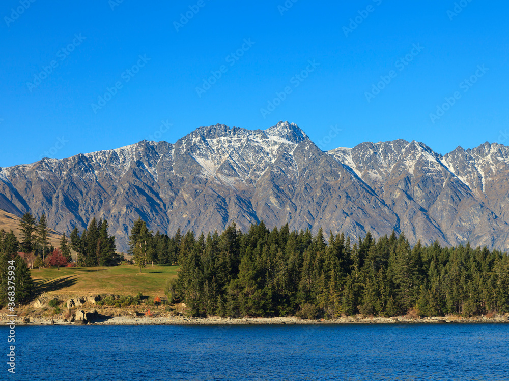 Remarkables mountain and Lake Wakatipu, Queenstown, New Zealand.