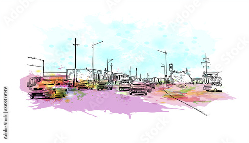 Building view with landmark of Aktobe is a city on the Ilek River in Kazakhstan. Watercolor splash with  hand drawn sketch illustration in vector. photo