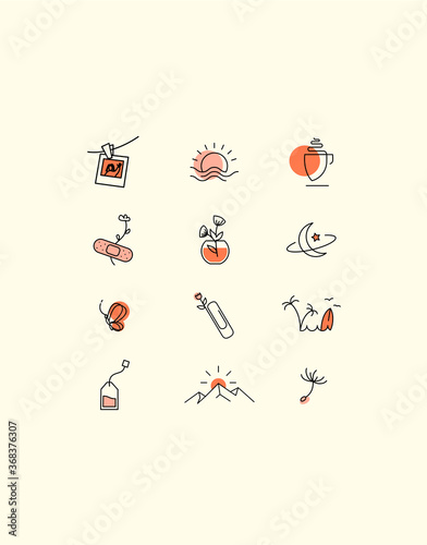 Linear icons with sun and moon, sea and stars, flowers, various cute little things. Small delicate logos and icons for womens business.