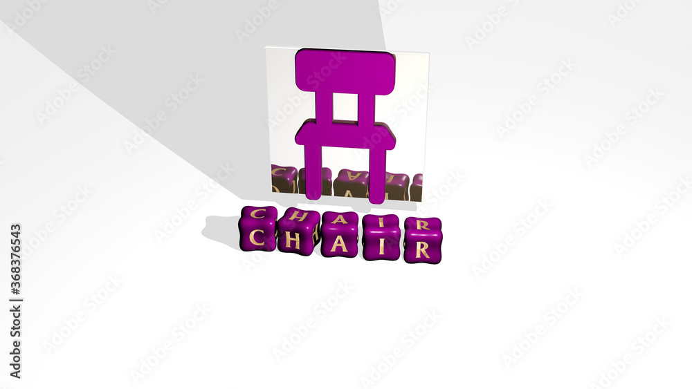 3D graphical image of CHAIR vertically along with text built by metallic cubic letters from the top perspective, excellent for the concept presentation and slideshows. illustration and background 3D graphical image of CHAIR vertically along with text built by metallic cubic letters from the top perspective, excellent for the concept presentation and slideshows. illustration and background