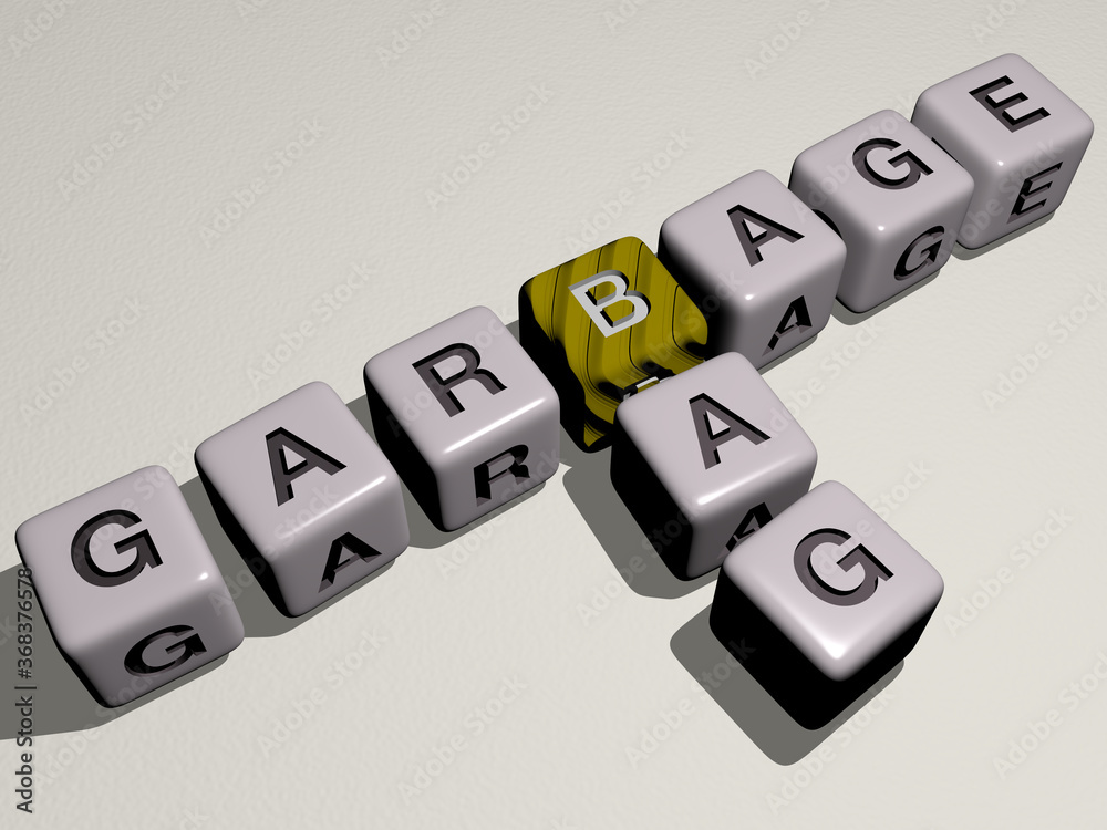 crosswords of garbage bag arranged by cubic letters on a mirror floor