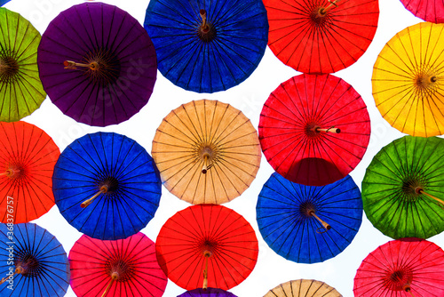 Colorful umbrellas  Paper Parasols umbrellas background   Textures  Thai crafts.