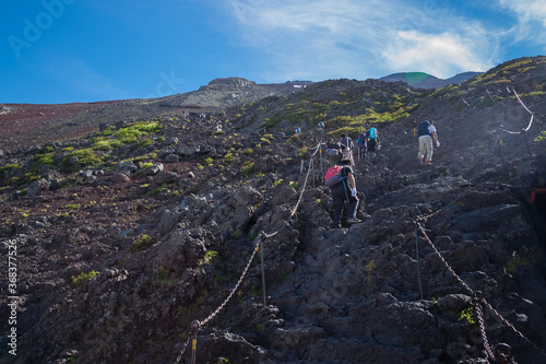 Yamanashi, Japan - August 24, 2017: Mt. Fuji climbing. A photo of people are climbing to the top of mountain
