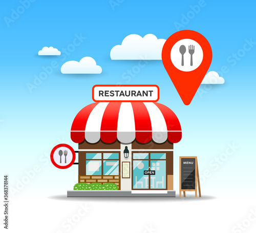 Vector Restaurant design, with red color point markers, on cloud and sky background, illustration
