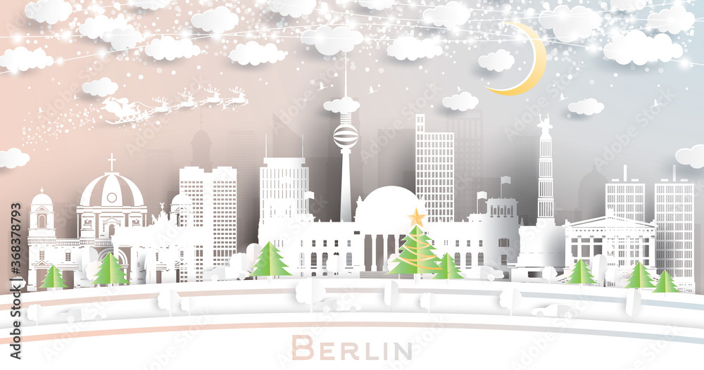 Fototapeta Panoramę miasta Berlin Niemcy w stylu cięcia papieru z płatkami śniegu, księżycem i neonową girlandą.