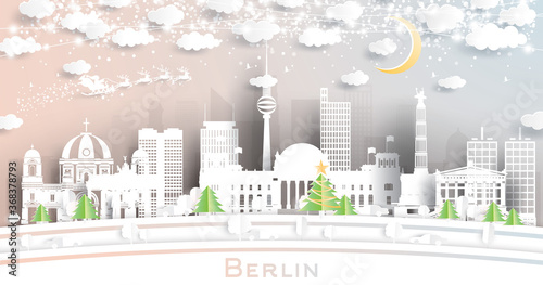 Berlin Germany City Skyline in Paper Cut Style with Snowflakes, Moon and Neon Garland.