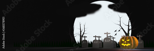 3D rendering illustration. panoramic web banner with copy space.  Halloween pumpkin head jack at the old graveyard in spooky night and the big full moon on background.