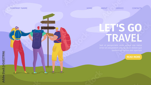 Travel and hiking for tourists adventure in nature website landing, vector illustration. Travelling, climbing, trekking, hiking and walking. People travelers with backpacks, sport for summer vacation.