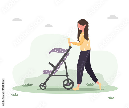 Young woman walking with her newborn child in an pram. Girl sitting with a stroller and a baby in park in the open air. Vector illustrations in flat style.