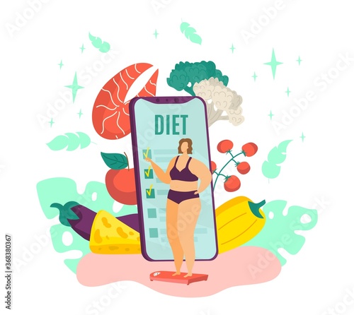 Overweight woman on diet, fat female and healthy dietary food with diet program from dietitian on smartphone isolated vector illustration. Healthy lifestyle for obese person, weight losing.