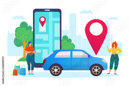 Carsharing, share tranport vehicle concept, rental car business flat vector Illustration. Auto rent service with smartphone app and people share car. Smart parking and car-sharing urban city economy.