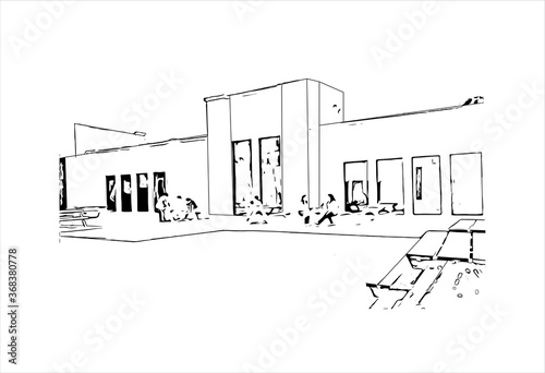 Building view with landmark of Al Ain, in the United Arab Emirates (UAE), is an inland oasis city on the eastern border with Oman. Hand drawn sketch illustration in vector.