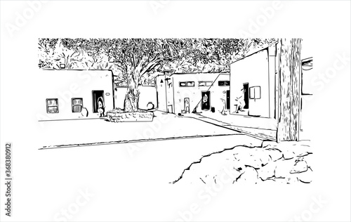 Building view with landmark of Al Ain, in the United Arab Emirates (UAE), is an inland oasis city on the eastern border with Oman. Hand drawn sketch illustration in vector.