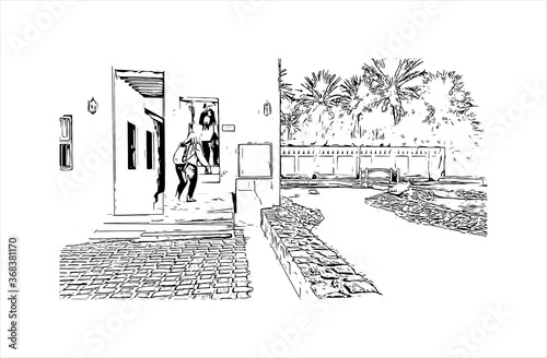 Building view with landmark of Al Ain, in the United Arab Emirates (UAE), is an inland oasis city on the eastern border with Oman. Hand drawn sketch illustration in vector.