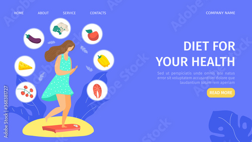 Diet for healthy lifestyle vector illustration for landing page template. Health, keto diet and nutrition for dieting women, organic vegetables ad fish. Natural vitamins and dietary programs online.