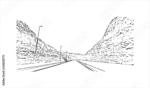 Building view with landmark of Al Ain, in the United Arab Emirates (UAE), is an inland oasis city on the eastern border with Oman. Hand drawn sketch illustration in vector.