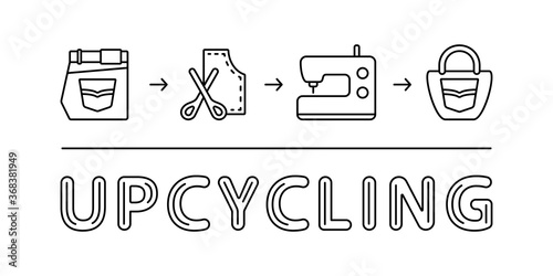 Upcycling horizontal poster. Step-by-step scheme of sewing jeans in bag. Linear illustration of updating old clothes, handmade things, DIY. Contour vector on white background. Black icons, lettering