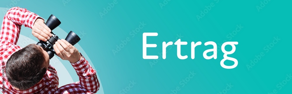 Fototapeta premium Ertrag. Mann mit Fernglas aus Vogelperspektive. Beobachtung, Draufsicht, Panorama. Business Text auf blau. Statistik, Wirtschaft