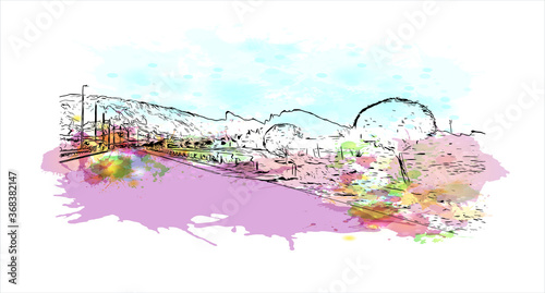 Building view with landmark of Al Ain, in the United Arab Emirates (UAE), is an inland oasis city on the eastern border with Oman. Watercolor splash with  hand drawn sketch illustration in vector.