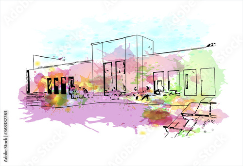 Building view with landmark of Al Ain, in the United Arab Emirates (UAE), is an inland oasis city on the eastern border with Oman. Watercolor splash with  hand drawn sketch illustration in vector.