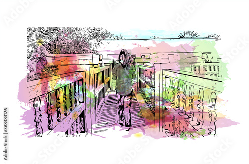 Building view with landmark of Al Ain, in the United Arab Emirates (UAE), is an inland oasis city on the eastern border with Oman. Watercolor splash with  hand drawn sketch illustration in vector.