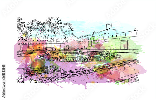 Building view with landmark of Al Ain, in the United Arab Emirates (UAE), is an inland oasis city on the eastern border with Oman. Watercolor splash with  hand drawn sketch illustration in vector.