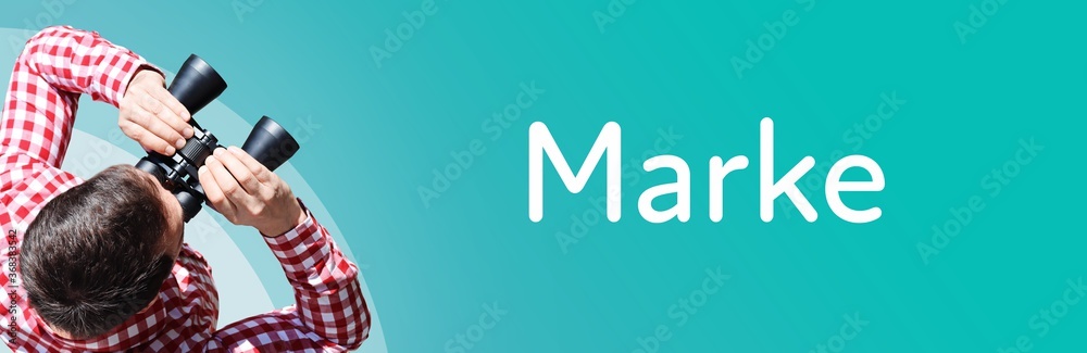Fototapeta premium Marke. Mann mit Fernglas aus Vogelperspektive. Beobachtung, Draufsicht, Panorama. Business Text auf blau. Statistik, Wirtschaft