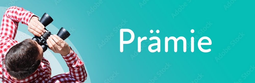 Fototapeta premium Prämie. Mann mit Fernglas aus Vogelperspektive. Beobachtung, Draufsicht, Panorama. Business Text auf blau. Statistik, Wirtschaft
