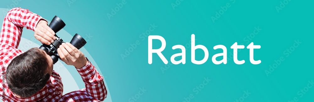 Fototapeta premium Rabatt. Mann mit Fernglas aus Vogelperspektive. Beobachtung, Draufsicht, Panorama. Business Text auf blau. Statistik, Wirtschaft