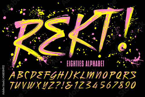 Rekt! is an 80s Grunge Paint Brush Alphabet with Bright Day-Glow Colors; This Font Includes a Layer of Paint Drips for a Retro Urban Effect. The Word "Rekt" is a Phonetic Spelling of "Wrecked."