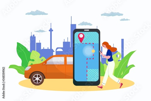 Online car sharing service, mobile phone city transportation vector illustration with vehicle map location in smartphone. Rent car and transportation order online, carsharing concept.