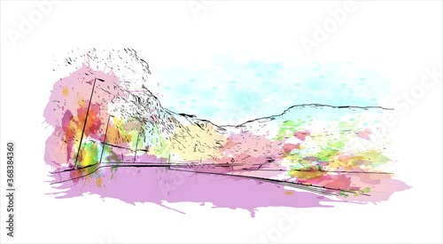 Building view with landmark of Al Ain, in the United Arab Emirates (UAE), is an inland oasis city on the eastern border with Oman. Watercolor splash with  hand drawn sketch illustration in vector.