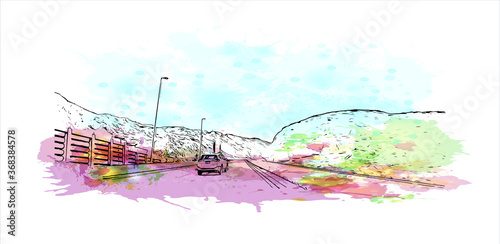 Building view with landmark of Al Ain, in the United Arab Emirates (UAE), is an inland oasis city on the eastern border with Oman. Watercolor splash with  hand drawn sketch illustration in vector.