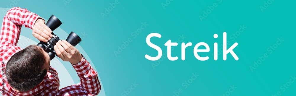 Fototapeta premium Streik. Mann mit Fernglas aus Vogelperspektive. Beobachtung, Draufsicht, Panorama. Business Text auf blau. Statistik, Wirtschaft