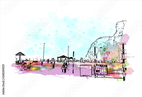 Building view with landmark of Al Ain, in the United Arab Emirates (UAE), is an inland oasis city on the eastern border with Oman. Watercolor splash with  hand drawn sketch illustration in vector.