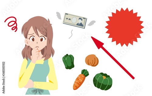 野菜の価格高騰で出費に悩む主婦のイラスト